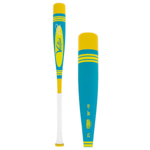 Side view of a turquoise and yellow baseball bat with Victus logo and signature, with a detail shot of the barrel showing specs.