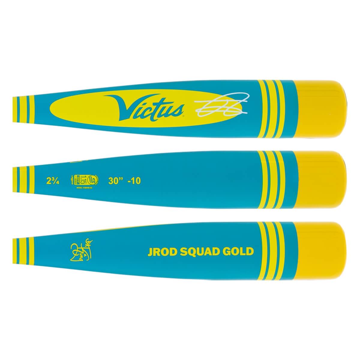 Full view of a teal and yellow baseball bat with Victus logo, JROD SQUAD GOLD text, and size specs.