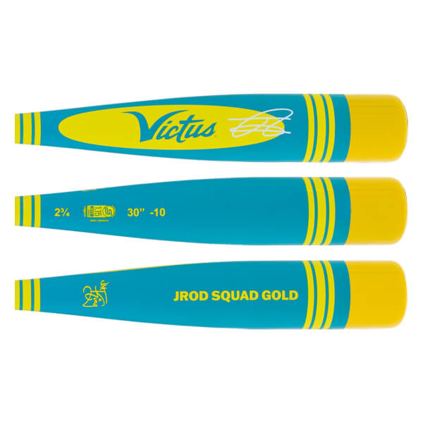 Full view of a teal and yellow baseball bat with Victus logo, JROD SQUAD GOLD text, and size specs.
