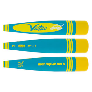 Full view of a teal and yellow baseball bat with Victus logo, JROD SQUAD GOLD text, and size specs.