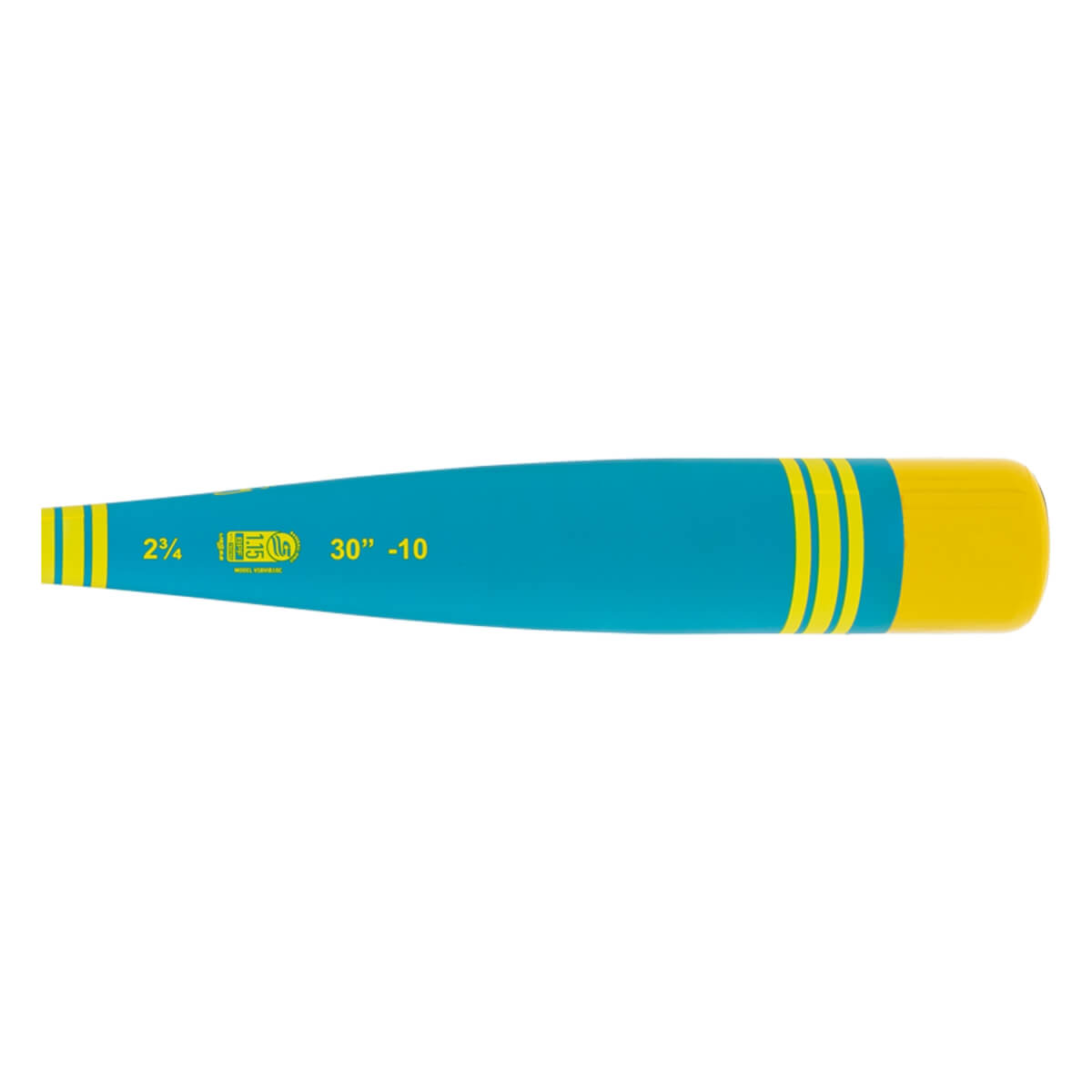 Side view of a teal and yellow baseball bat with yellow stripes, a yellow end cap, and 30 -10 printed on the barrel.