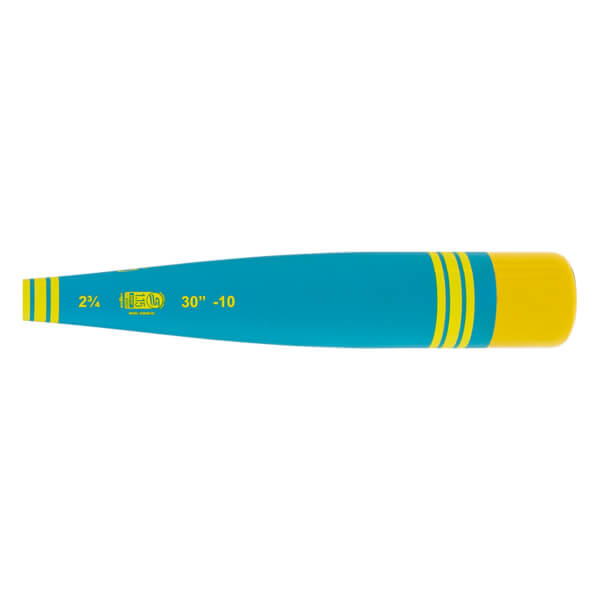 Side view of a teal and yellow baseball bat with yellow stripes, a yellow end cap, and 30 -10 printed on the barrel.