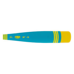 Side view of a teal and yellow baseball bat with yellow stripes, a yellow end cap, and 30 -10 printed on the barrel.