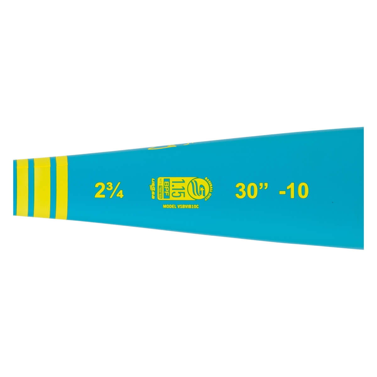 Side view of a teal baseball bat with yellow stripes, 2¾ and 30 -10 dimensions, and a USSSA 1.15 BPF stamp.