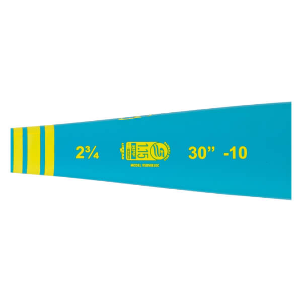 Side view of a teal baseball bat with yellow stripes, 2¾ and 30 -10 dimensions, and a USSSA 1.15 BPF stamp.