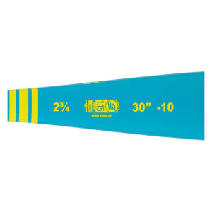 Side view of a teal baseball bat with yellow stripes, 2¾ and 30 -10 dimensions, and a USSSA 1.15 BPF stamp.