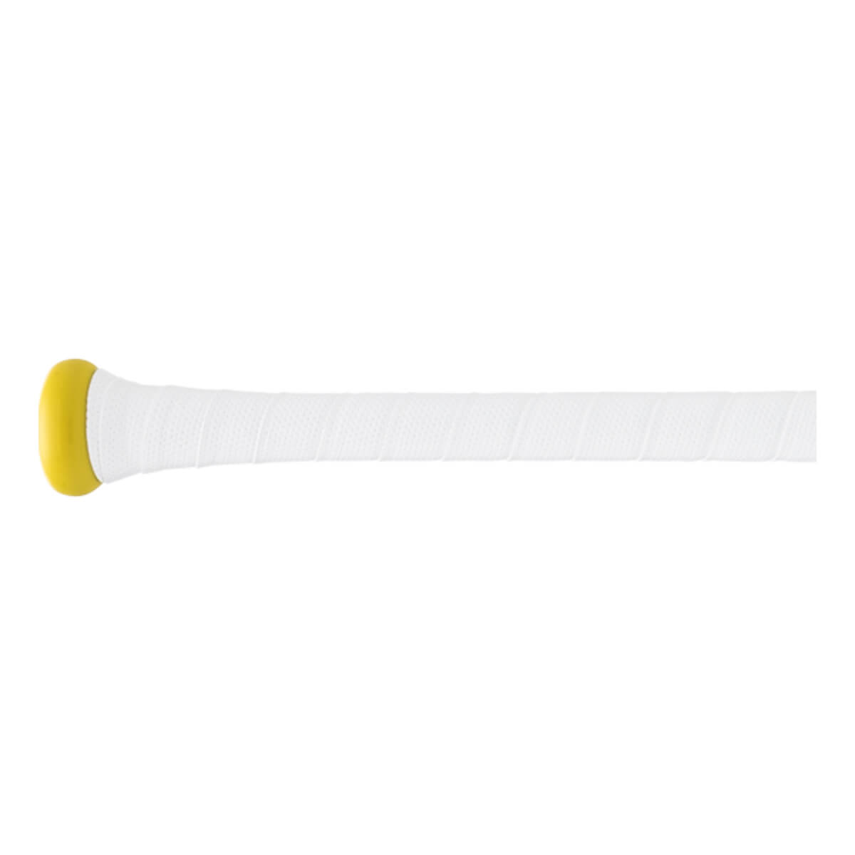 Side view of a white baseball bat handle with a yellow knob and spiraled white grip tape.