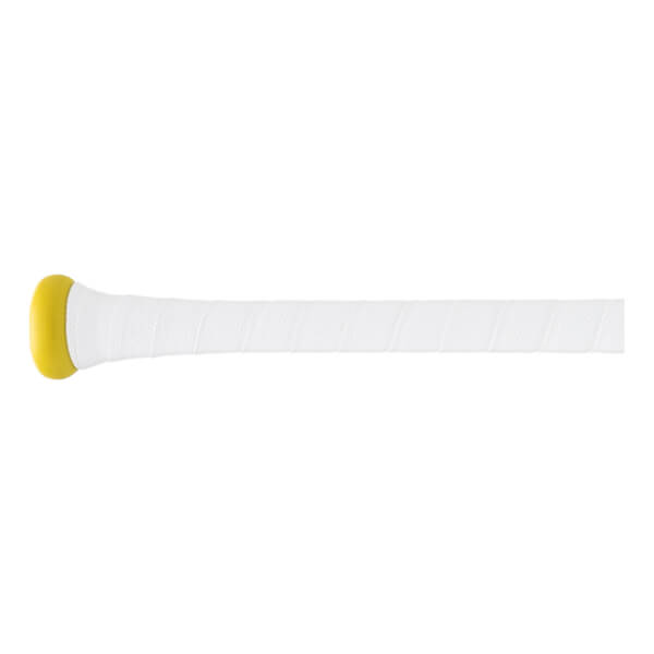 Side view of a white baseball bat handle with a yellow knob and spiraled white grip tape.