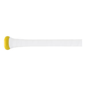 Side view of a white baseball bat handle with a yellow knob and spiraled white grip tape.