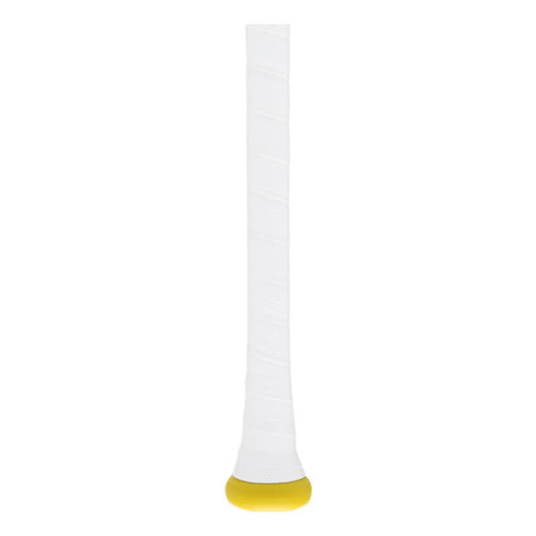 Close-up of a white baseball bat grip with spirally wrapped tape and a yellow knob.
