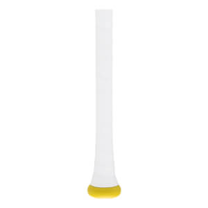 Close-up of a white baseball bat grip with spirally wrapped tape and a yellow knob.
