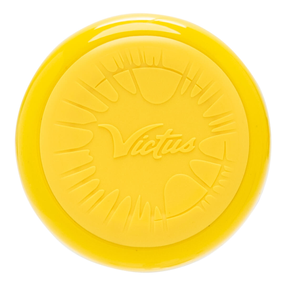 Top-down view of a yellow bat end cap with an embossed Victus logo and stylized sunburst pattern.