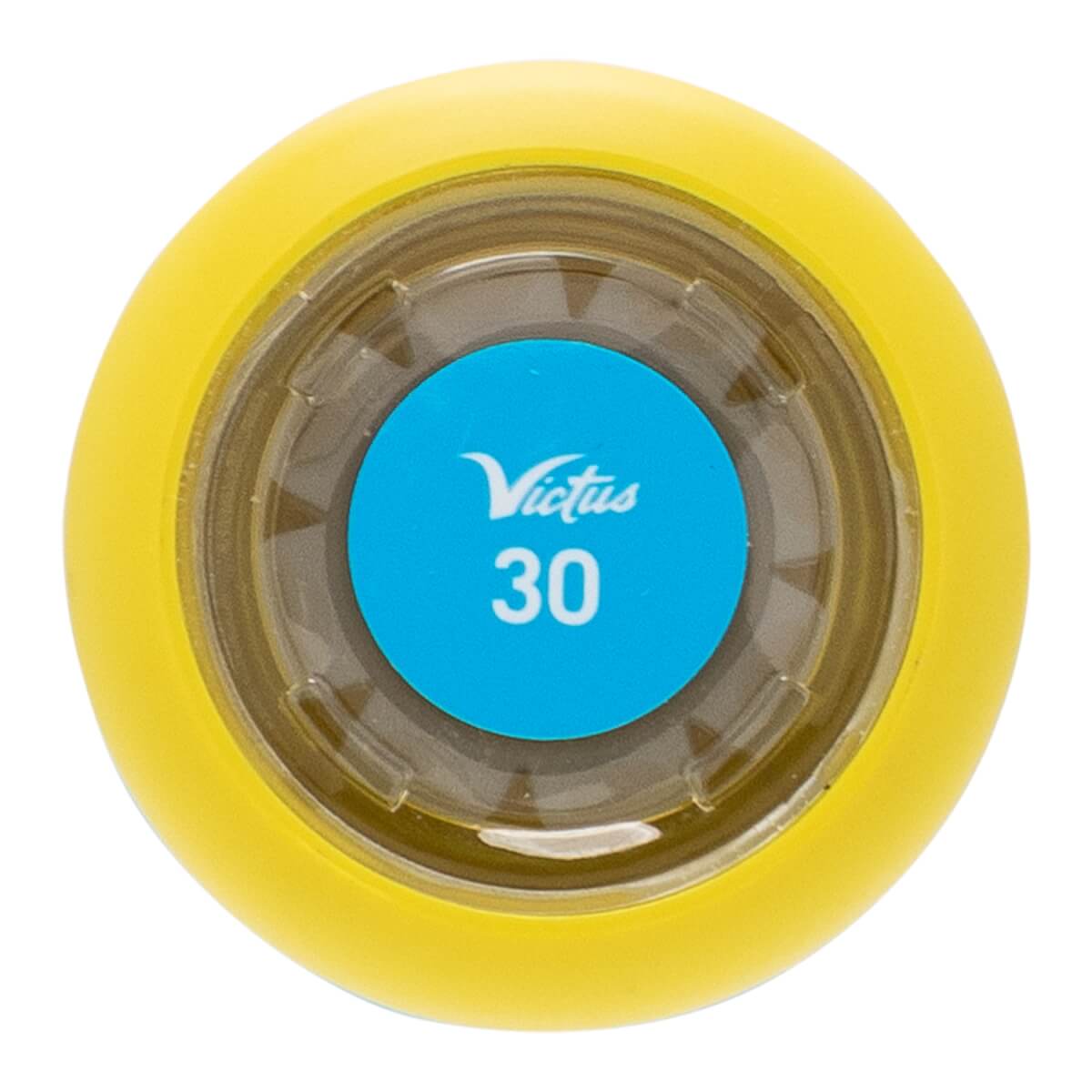 Top-down view of a yellow baseball bat end cap with a blue circular insert displaying Victus and 30.