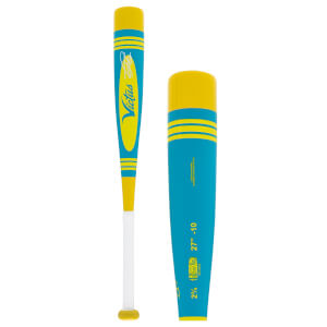 Full view of a bright yellow and cyan baseball bat with a white grip, prominent branding, and barrel specifications.