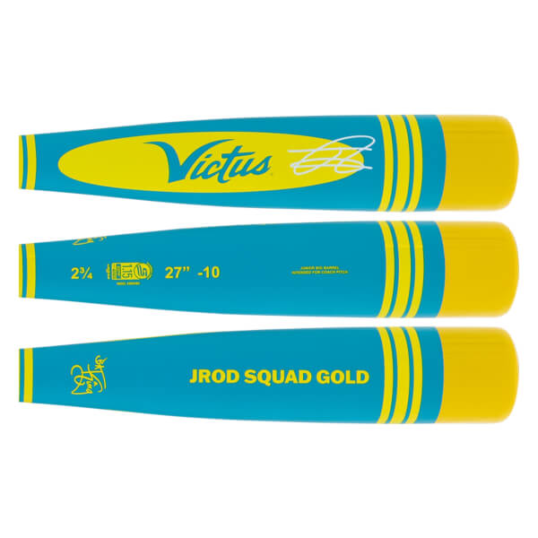 Barrel views of a blue and yellow baseball bat with Victus logo, JROD SQUAD GOLD text, and size specifications.