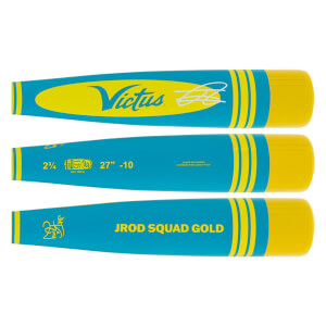 Barrel views of a blue and yellow baseball bat with Victus logo, JROD SQUAD GOLD text, and size specifications.
