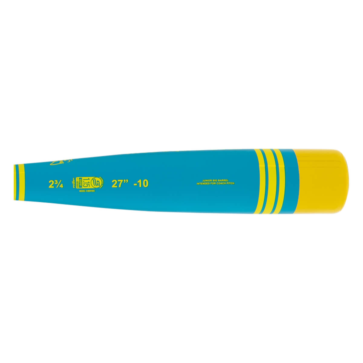 Side view of a teal baseball bat with yellow stripes, a yellow end cap, and Vibe logo and 27 -10 printed in yellow.
