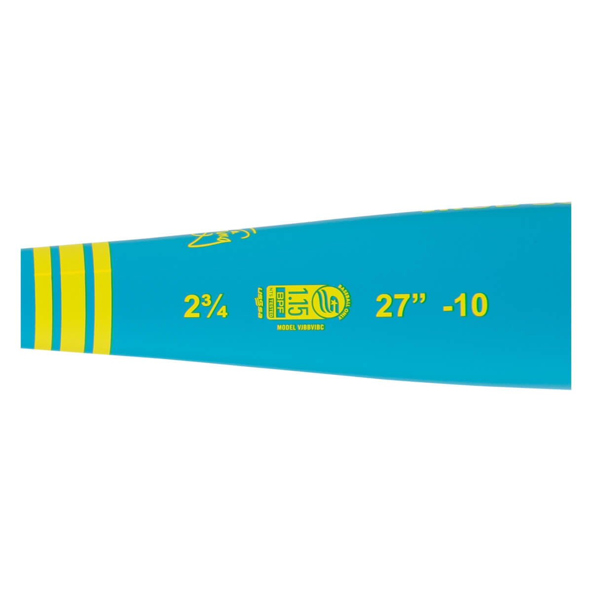 Side view of a teal baseball bat barrel with yellow stripes, MODEL VIBEVIBE, and 27 -10 text.