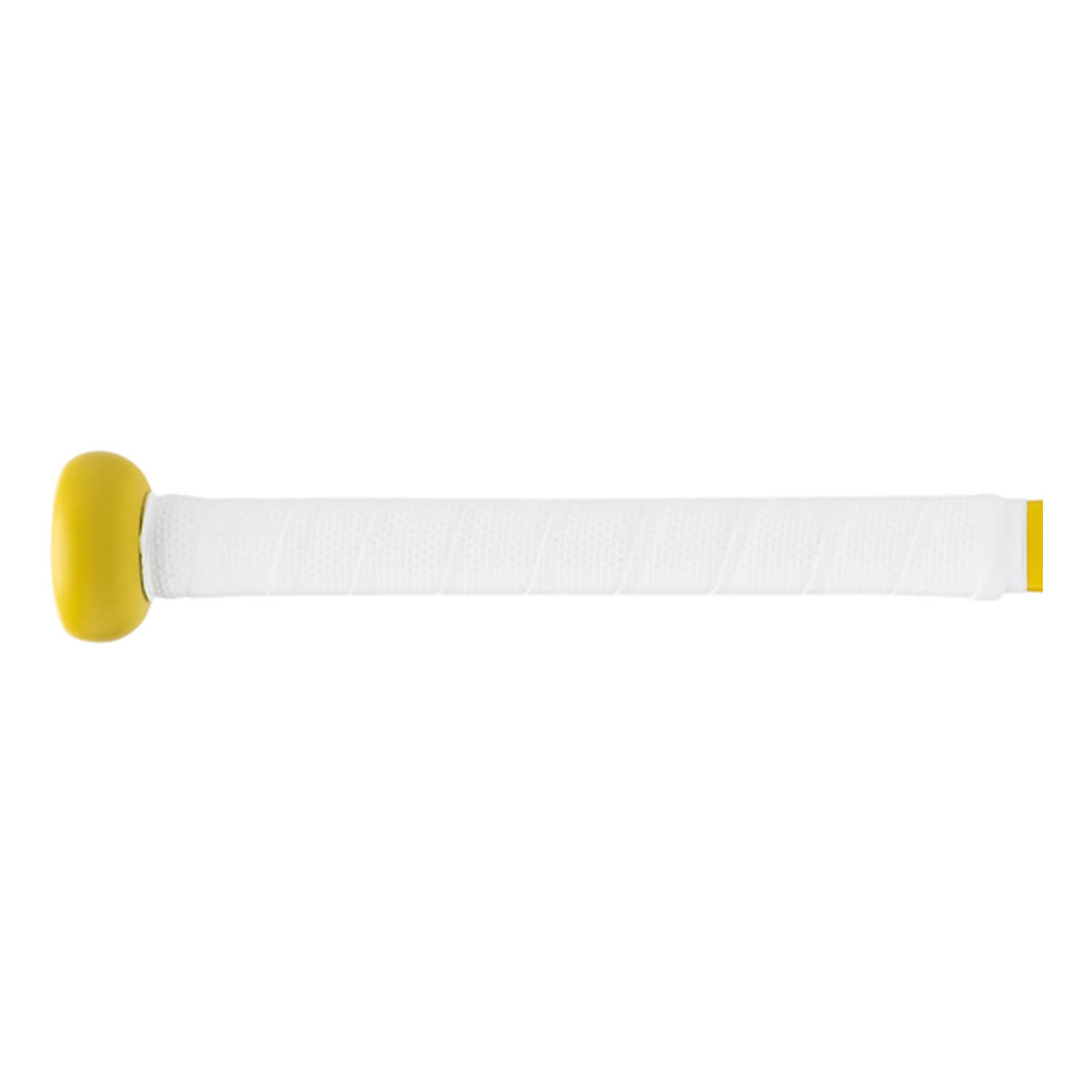 Side view of a yellow and white baseball bat handle with a yellow knob and white textured grip.