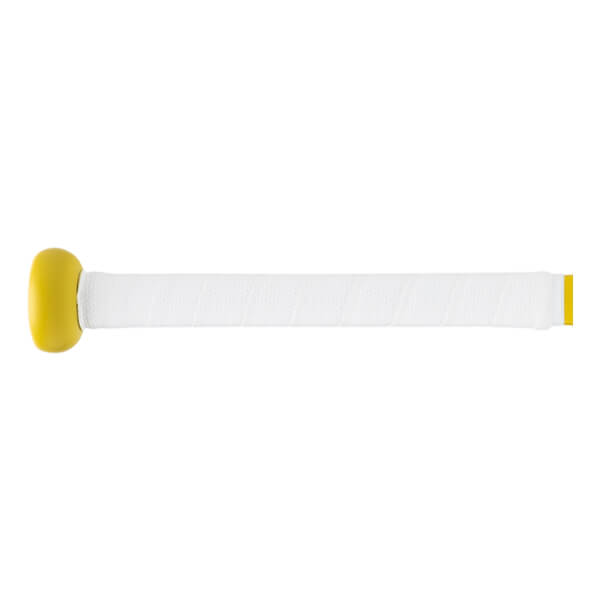 Side view of a yellow and white baseball bat handle with a yellow knob and white textured grip.