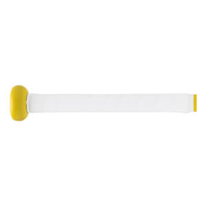 Side view of a yellow and white baseball bat handle with a yellow knob and white textured grip.