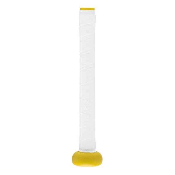 Side view of a white baseball bat grip with a yellow knob and a yellow band at the top.