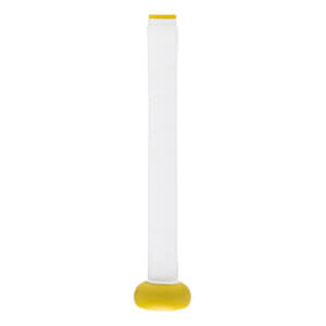 Side view of a white baseball bat grip with a yellow knob and a yellow band at the top.