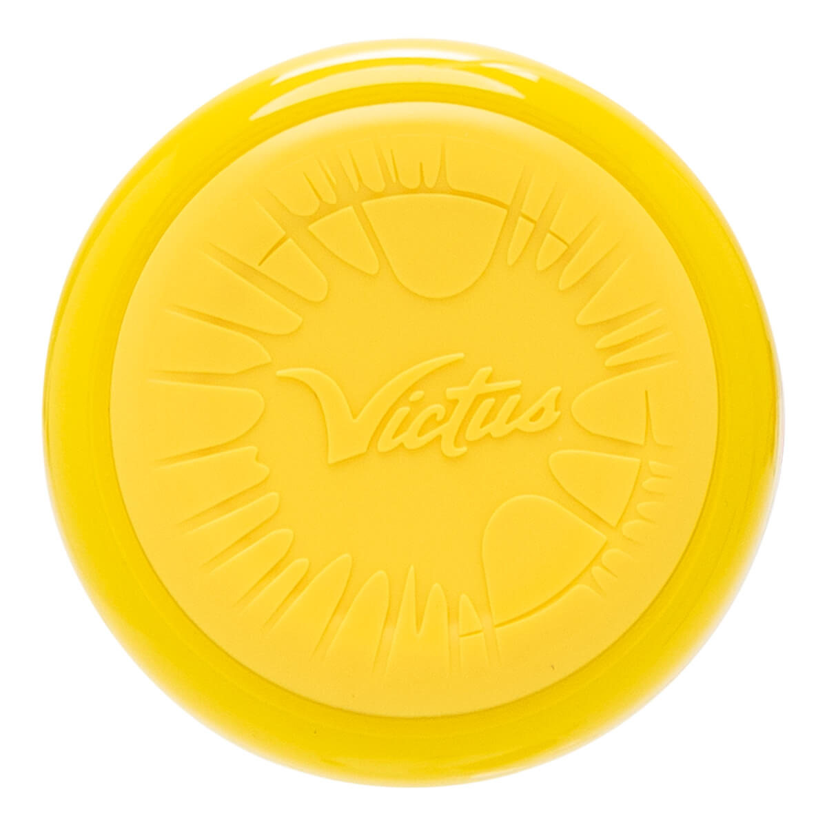Top-down view of a yellow baseball bat end cap with an embossed Victus logo and textured paw print designs.