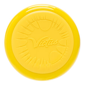 Top-down view of a yellow baseball bat end cap with an embossed Victus logo and textured paw print designs.