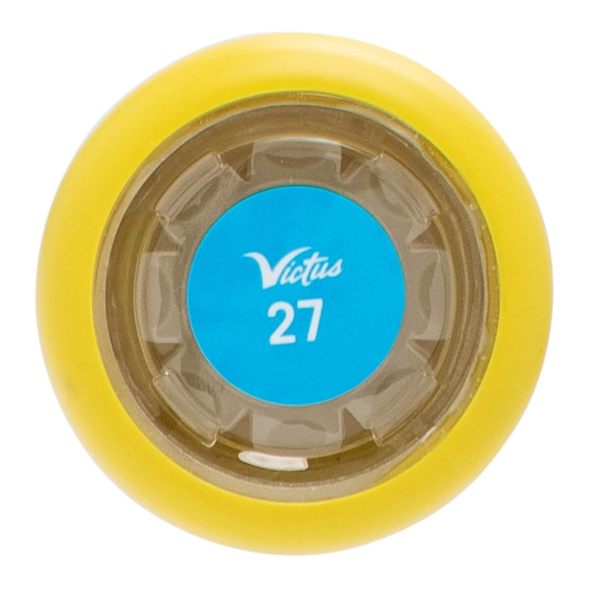 Top-down view of a yellow baseball bat end cap with a blue circular insert showing Victus and 27.