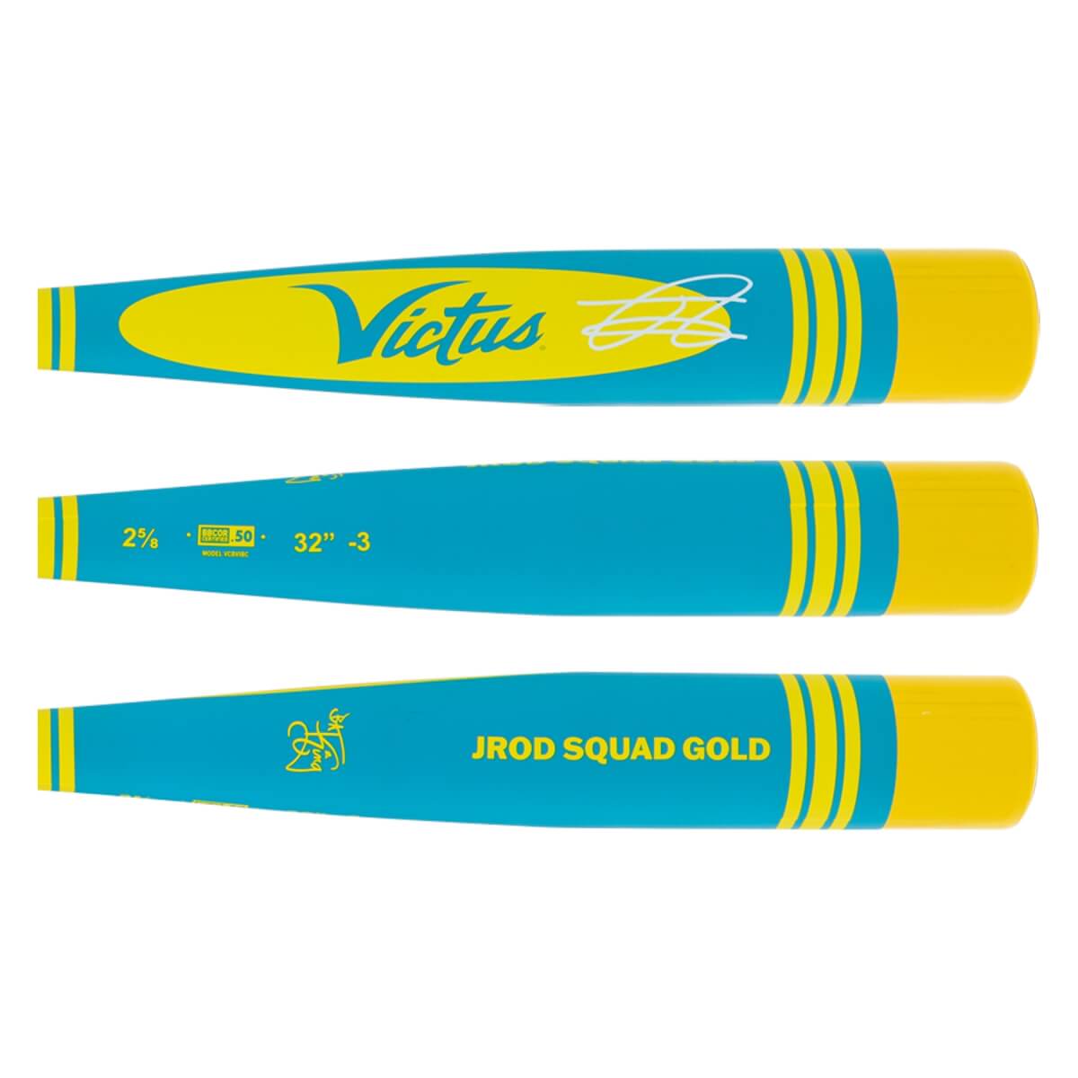 Side views of a teal and yellow baseball bat with Victus logo, JROD SQUAD GOLD text, and size details.