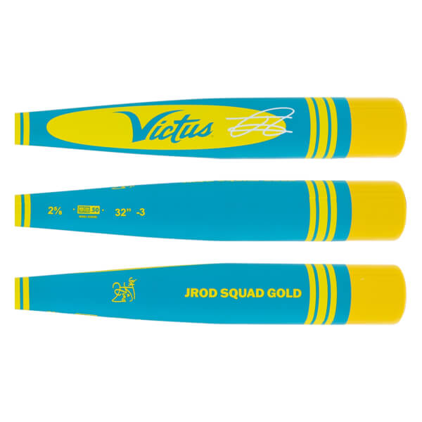 Side views of a teal and yellow baseball bat with Victus logo, JROD SQUAD GOLD text, and size details.