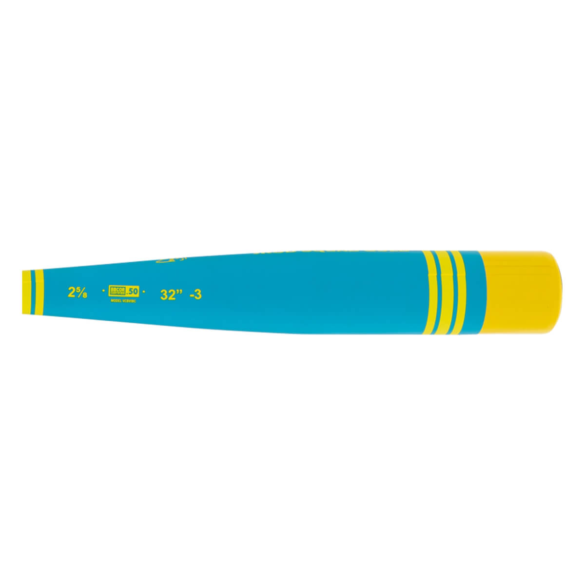 Side view of a teal baseball bat with yellow stripes near the handle and solid yellow handle, showing 2? BBCOR .50 32 -3 text.