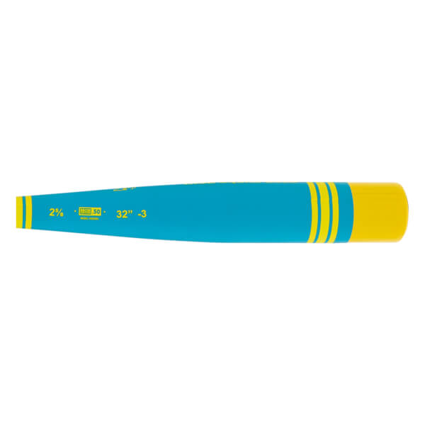 Side view of a teal baseball bat with yellow stripes near the handle and solid yellow handle, showing 2? BBCOR .50 32 -3 text.