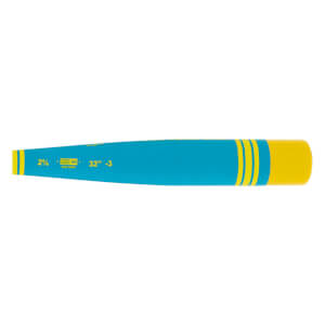 Side view of a teal baseball bat with yellow stripes near the handle and solid yellow handle, showing 2? BBCOR .50 32 -3 text.