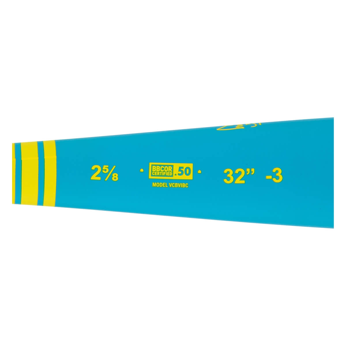 Angled view of a turquoise baseball bat with yellow stripes, BBCOR CERTIFIED .50, and 32 -3 printed in yellow.
