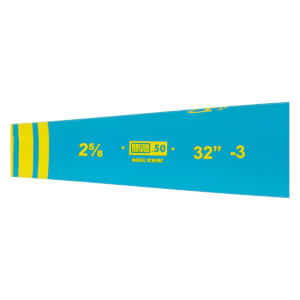 Angled view of a turquoise baseball bat with yellow stripes, BBCOR CERTIFIED .50, and 32 -3 printed in yellow.