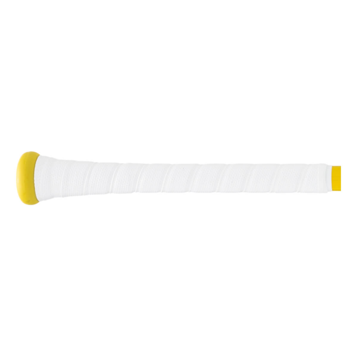 Side view of a white baseball bat grip with a textured wrap, yellow knob, and yellow end tape.