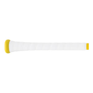 Side view of a white baseball bat grip with a textured wrap, yellow knob, and yellow end tape.