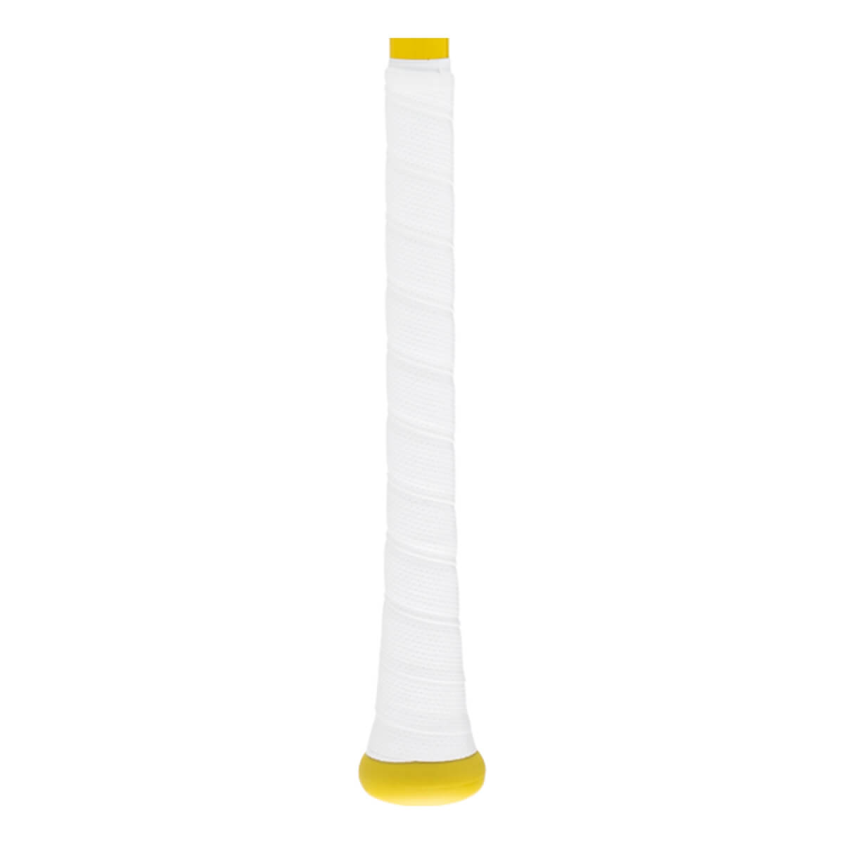 Handle view of a white baseball bat grip with a spiraled texture, yellow knob, and yellow top tape.