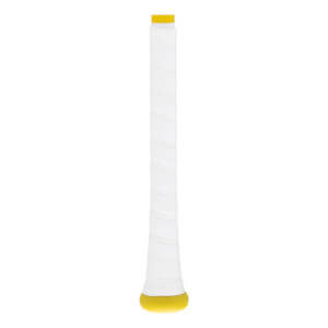 Handle view of a white baseball bat grip with a spiraled texture, yellow knob, and yellow top tape.