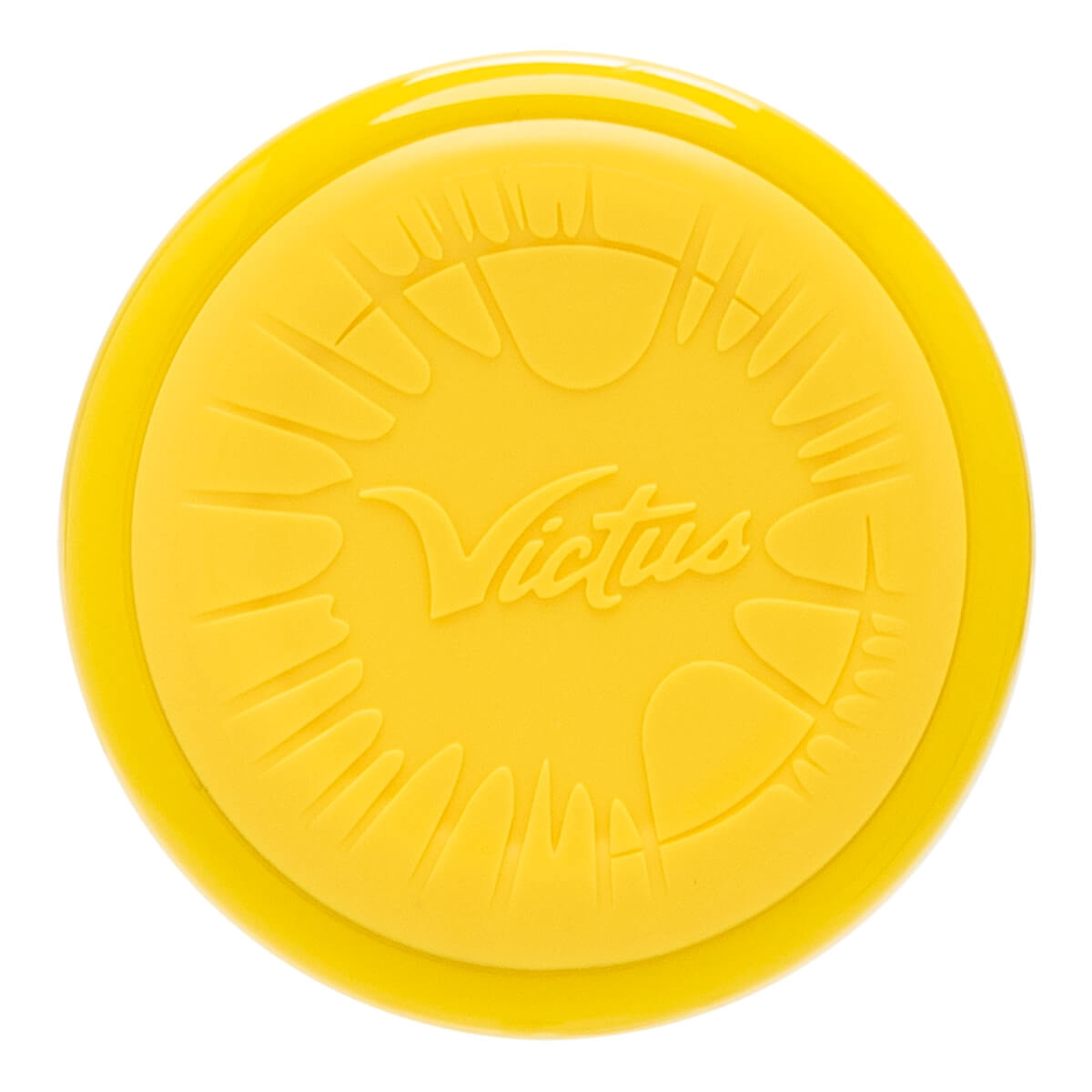 Top-down view of a yellow baseball bat end cap with an embossed Victus logo and claw-like patterns.