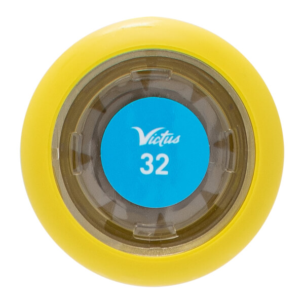 Top-down view of a yellow bat end cap with a blue circular insert displaying Victus and 32.