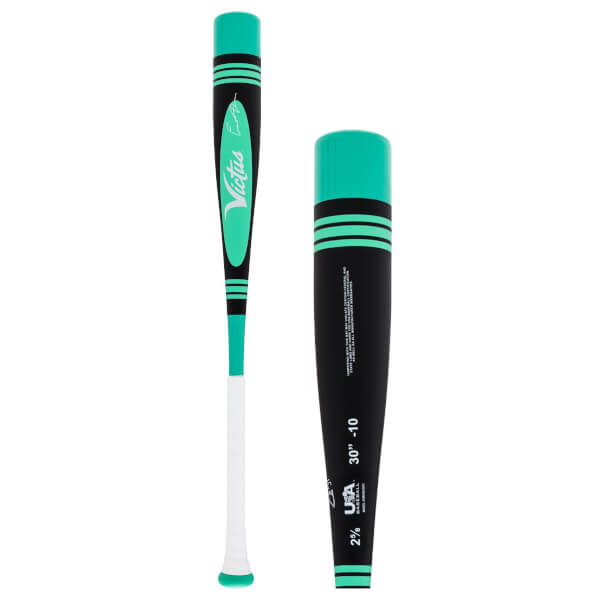 Full and barrel view of a black, mint green, and white baseball bat with Victus logo and USA Baseball markings.