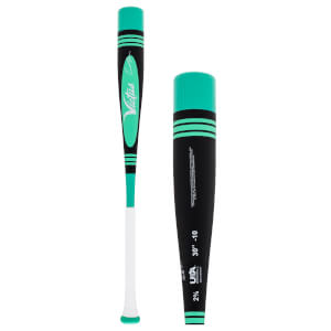 Full and barrel view of a black, mint green, and white baseball bat with Victus logo and USA Baseball markings.