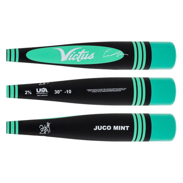 Three views of a black and mint green baseball bat with a white Victus logo, JUCO MINT text, and mint green barrel end.