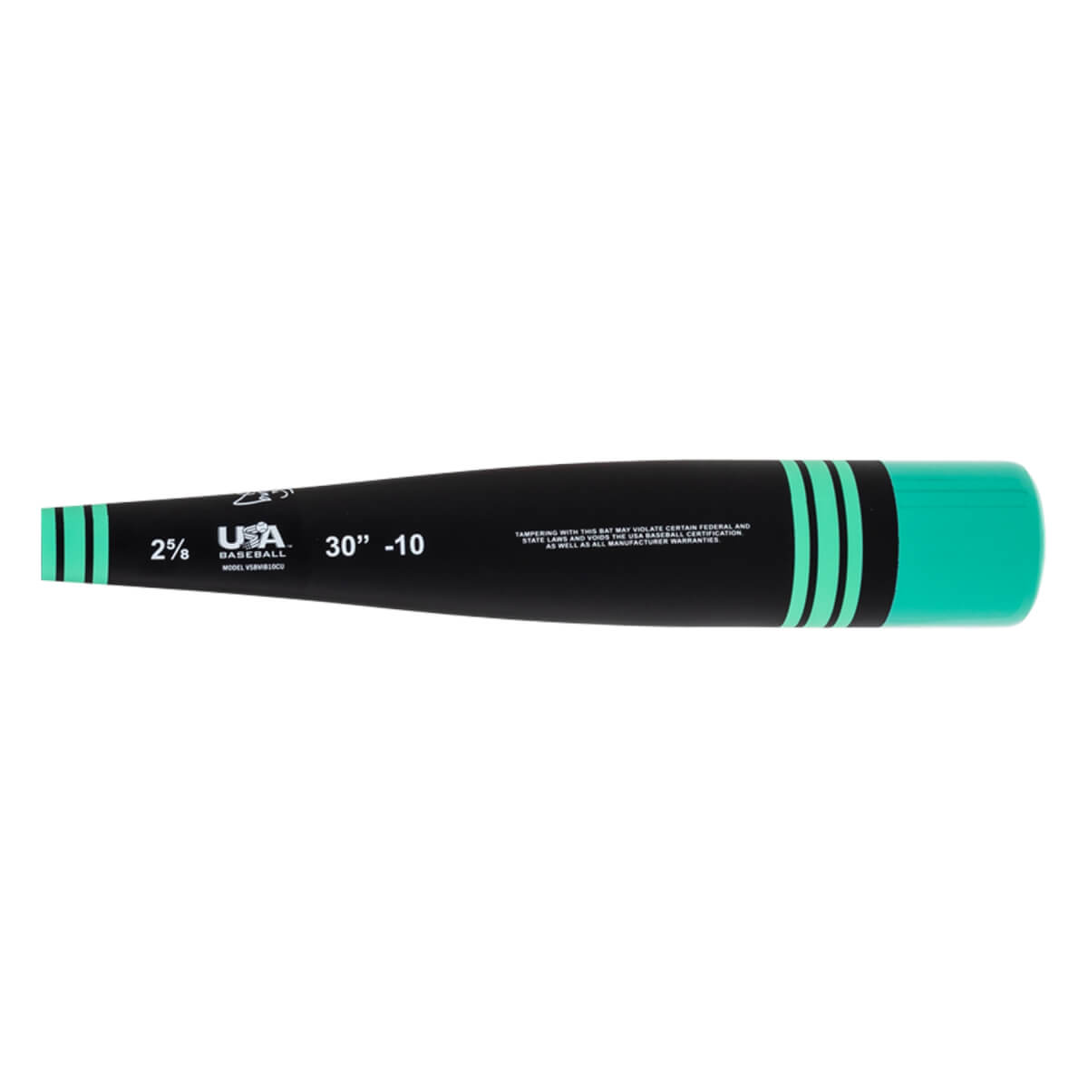 Side view of a black and mint green baseball bat with a mint green end cap, stripes, and USA BASEBALL 30 -10 text.