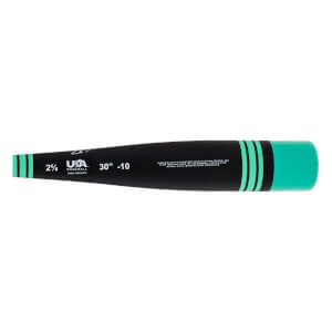 Side view of a black and mint green baseball bat with a mint green end cap, stripes, and USA BASEBALL 30 -10 text.
