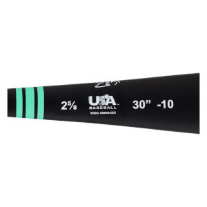 Close-up of a black baseball bat with mint green stripes, white USA BASEBALL logo, and 30 -10 text.