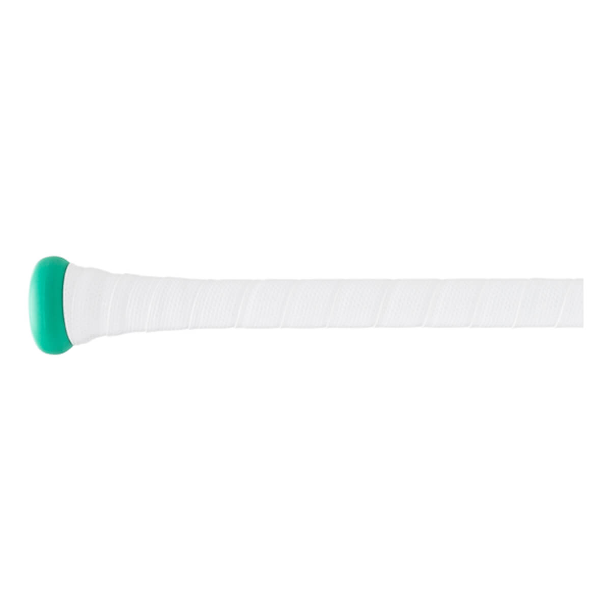 Side view of a baseball bat handle with a mint green knob and white spirally wrapped grip tape.